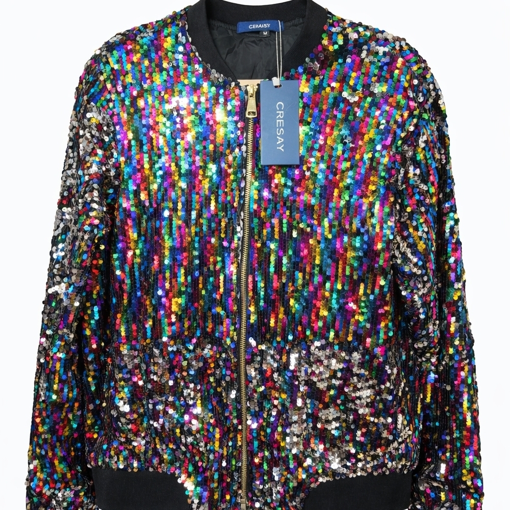 Cresay Womens Multicolor Sequin Y2K Retro Bomber Jacket Nwt Sz Medium